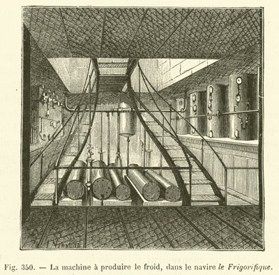 A máquina de produção a frio no navio Frigorifique (gravura) de French School