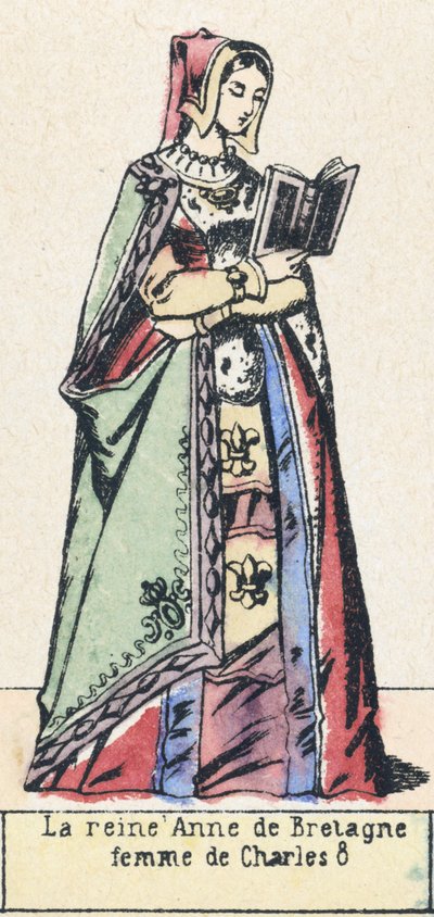 Rainha Ana da Bretanha, esposa de Carlos 8 (gravura colorida) de French School