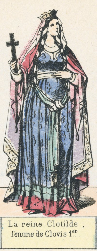 Rainha Clotilde, esposa de Clovis I (gravura a cores) de French School