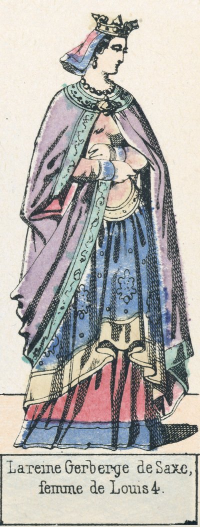 Rainha Gerberge da Saxônia, esposa de Ludwig 4 (gravura colorida) de French School