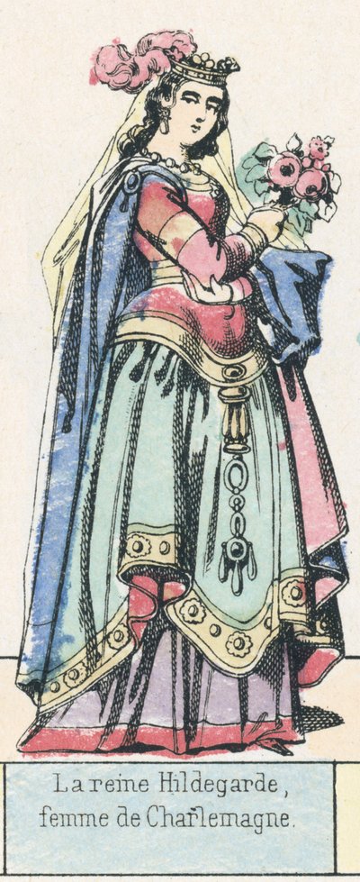 Rainha Hildegard, esposa de Carlos Magno (gravura colorida) de French School