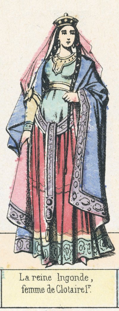Rainha Ingunda, esposa de Clotaire 1r (gravura colorida) de French School