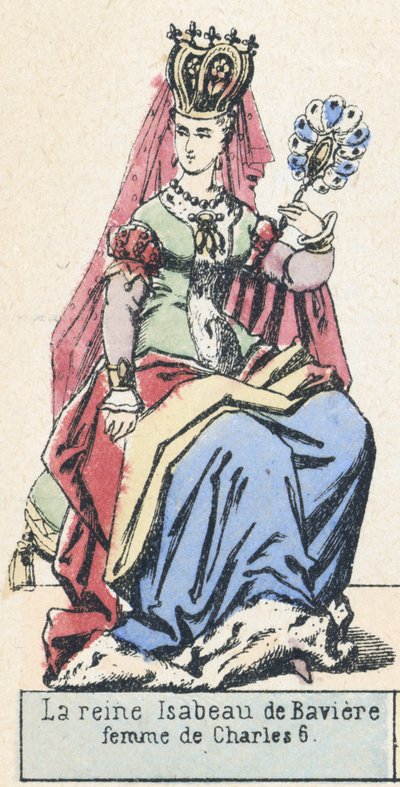 Rainha Isabeau de Baviere, esposa de Charles 6 (gravura colorida) de French School