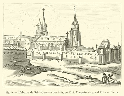 Saint-Germain des Pres Labbaye, em 1545, vista do grande Pre aux Clercs de French School