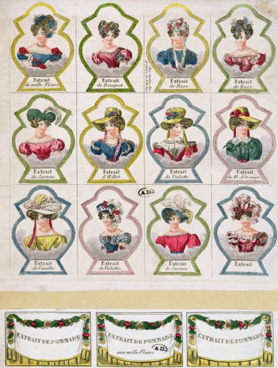 Etiquetas que anunciam vários extratos de flores para uma loja de perfumes, Paris, início do século XIX de French School