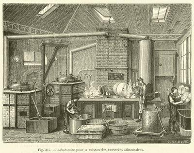 Laboratório para a cozedura de conservas (gravura) de French School