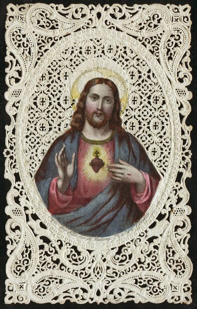 Cartão de renda retratando o sagrado coração de Jesus, século XIX de French School