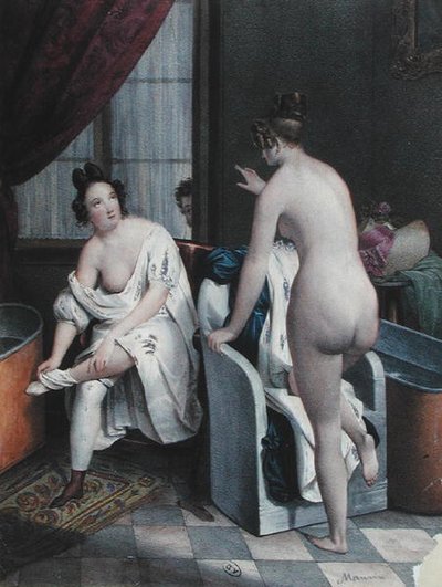 Ladies Taking a Bath, c.1840 (cor litho) de French School
