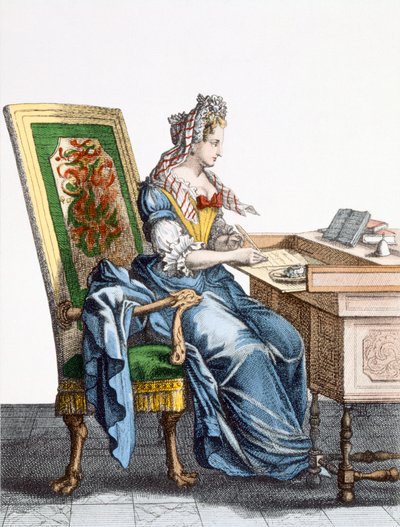 Lady at Writing Desk 88: Uma mulher paga contas em sua escrivaninha; de French School