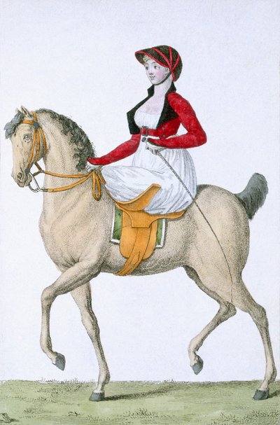 Lady riding sidesaddle, de Costumes Parisien, publicado em Journal des Dames et des Modes, 1798 de French School
