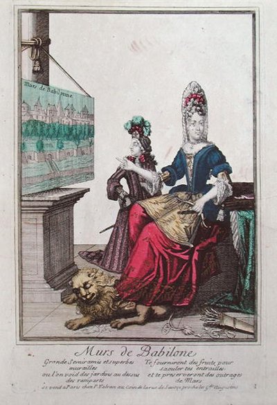 Senhora mostrando uma foto de Semiramis e os Jardins Enforcados da Babilônia (cor litho) de French School