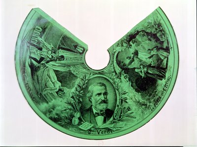 Abajur decorado com um retrato de Giuseppe Verdi (1813-1901) e cenas de Otelo e A Força do Destino (gravura em papel) de French School