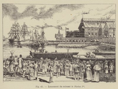 Lançamento do navio de guerra Nicolas I (gravura) de French School