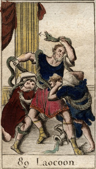 Laocoon Minerva apoia os gregos e envia as cobras marinhas para atacar Laocoon que adverte os habitantes da cidade de Tróia contra o cavalo. Cobras se atiraram contra seus dois filhos e os moveram, depois atacaram Laokoon. (Minerva apoiando os gregos envio de French School