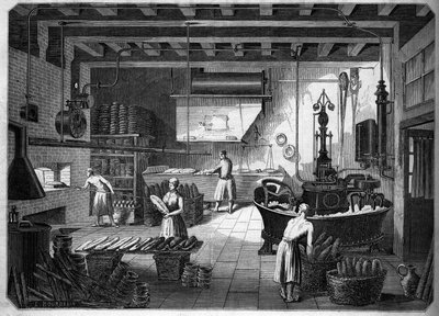 Grandes indústrias francesas no século XIX: Electrodomésticos Drouot para panificação. Fournil de M. Courcier, rue Saint Maur em Paris. Em "Le Monde illustrious", 1862. de French School