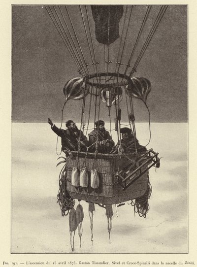 A subida de 15 de Abril de 1875, Gaston Tissandier, Sivel e Croce-Spinelli na gôndola Zenith (gravura) de French School