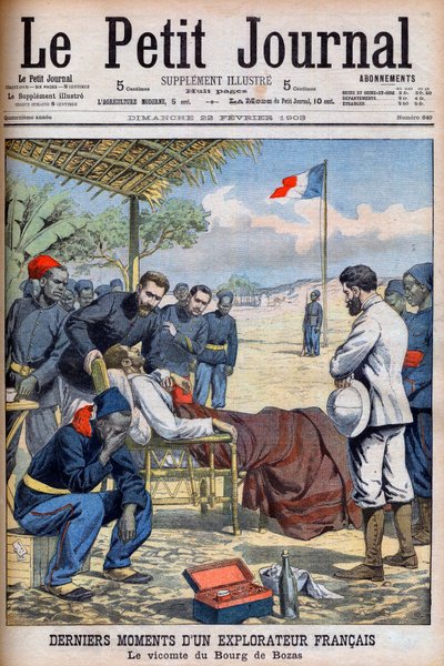 Últimos momentos de um explorador francês Visconde Pierre Marie Robert Du Bourg de Bozas (1871-1903) no Bourg de Boza na África tropical "Le Petit Journal" 22 de fevereiro de French School
