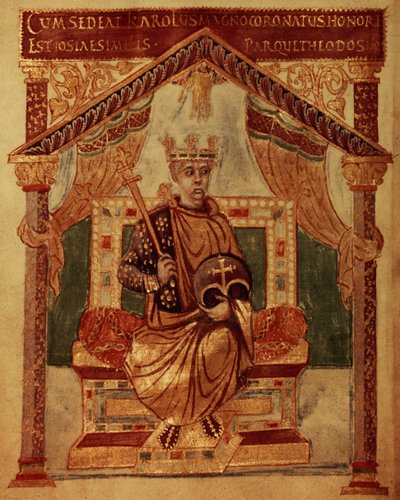 Lat 1152 f.3v Carlos Magno (Carolus Magnus, Carlos Magno) (747-814) Rei dos Francos e Imperador Cristão do Oeste, do Saltério de Carlos, o Ousado de French School