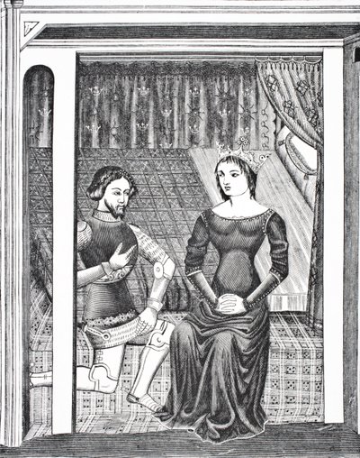 Launcelot e Guinevere, depois de uma miniatura de um manuscrito do século XIV, de Science and Literature in The Middle Ages, de Paul Lacroix pub. Londres 1878 de French School