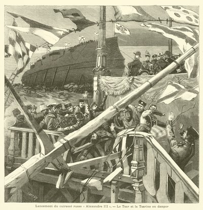 Lançamento do navio de guerra russo Imperador Aleksandr III (gravura) de French School
