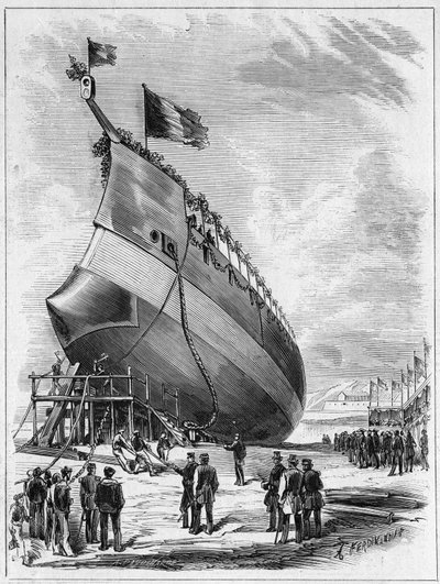 Lançamento do navio blindado "La Galissonniere", 7 de Maio de 1872 no porto de Brest, Finistere (29). Gravação no "Le Monde Illustré" n°789 de 25 de Maio de 1872. de French School