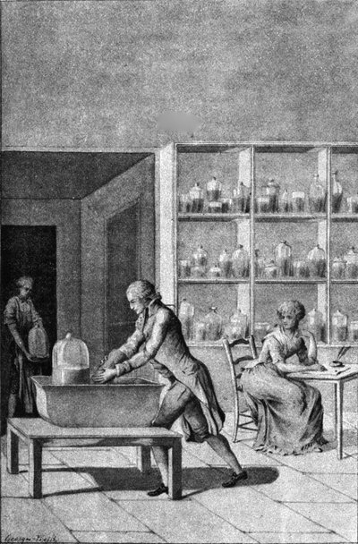 Lavoisier em seu laboratório no Arsenal, demonstrando um experimento sobre respiração, século XVIII de French School