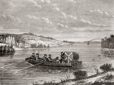 Colocação de um cabo telegráfico sob um rio americano c.1860, de Les Merveilles de la Science, publicado c.1870 (gravura) de French School