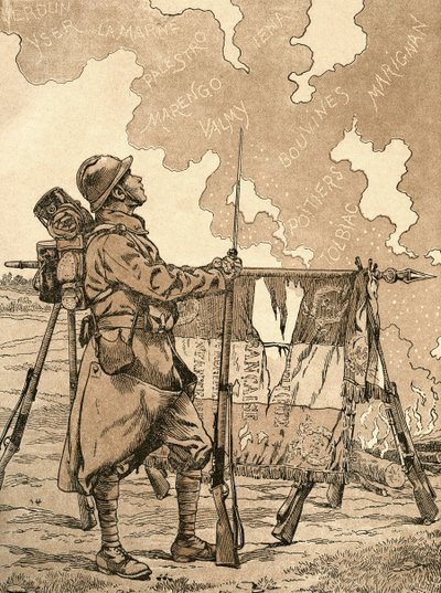Le Bleuet. Símbolo da memória e da solidariedade em França, para os veteranos e as vítimas da primeira guerra mundial. Ilustração da propaganda francesa da 1ª Guerra Mundial que evoca as vitórias francesas ao longo dos tempos. Da Agenda Buvard du Bon March de French School