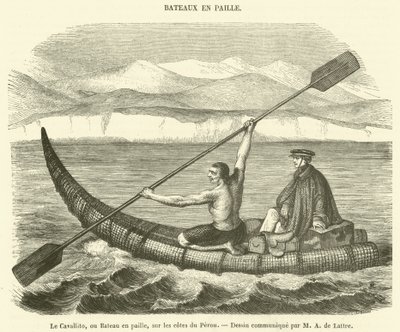 O Cavallito, ou barco de palha, na costa do Peru (gravura) de French School