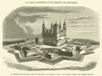 O castelo de Cronsborg, na ilha de Seeland, no Sund, vista aérea (gravura) de French School
