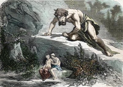 "Le Cyclops Polypheme surprising Galatee et Acis" (gravura) 1864 de French School