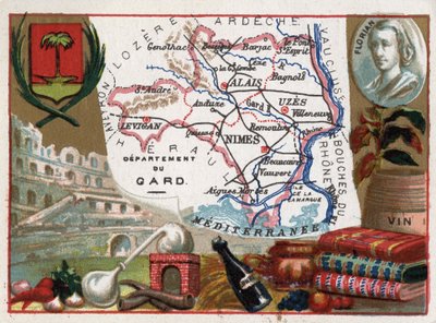 Le Gard (30), Languedoc-Roussillon (Languedoc Roussillon), França - Especialidade local: eau de vie (aparelho de destilação) e vinho - Retrato de Jean-Pierre-Claris (Jean Pierre Claris) de Florian (1755-1794) - Série Departamentos franceses - Chromoli de French School