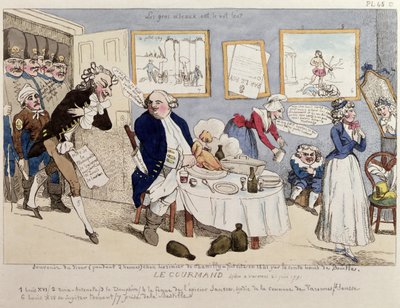 Le Gourmand, caricatura de Luís XVI (1754-93) e da família real francesa no momento de sua prisão em Varennes em 21 de junho de 1791 de French School