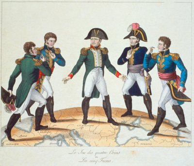 O jogo dos quatro cantos ou Os cinco irmãos, Bonapartist cartoon representando Napoleão e seus irmãos, 1808 de French School
