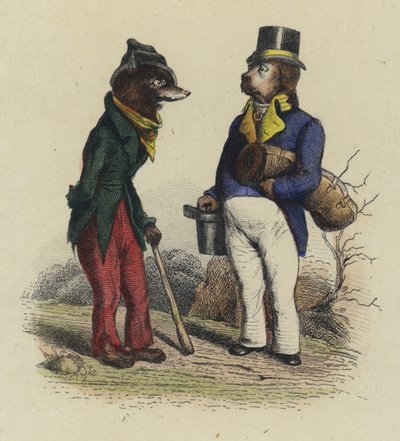 The Wolf And The Dog (gravura colorida) de French School