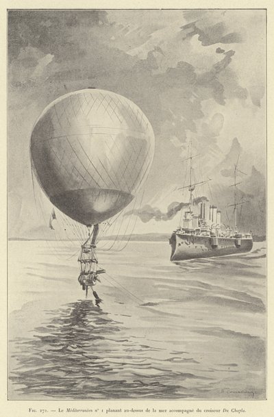 O Mediterraneen no 1 deslizando sobre o mar acompanhado pelo cruzador Du Chayla (gravura) de French School