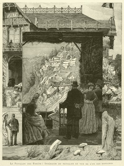 Le Pavillon des Forets, Interior do pavilhão e vista de um dos dioramas (gravura) de French School