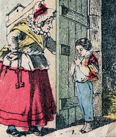 Le Pere Fouettard, personagem francês do pai chicoteador, figura lendária do folclore que castiga as crianças marotas: a sua mulher, La Mere Fouettard, a mãe chicoteadora, que entrega crianças arrependidas - Quadro epinal de French School