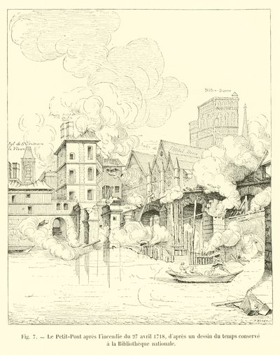 A pequena ponte após o incêndio de 27 de abril de 1718, a partir de um desenho do tempo preservado na Biblioteca Nacional de French School