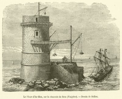 O farol Ar-Men, na chaussee de Sein, Finistere (gravura) de French School