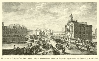 O Pont-Neuf no século 18, a partir de uma pintura do tempo por Raguenet, pertencente aos banhos da Samaritaine de French School