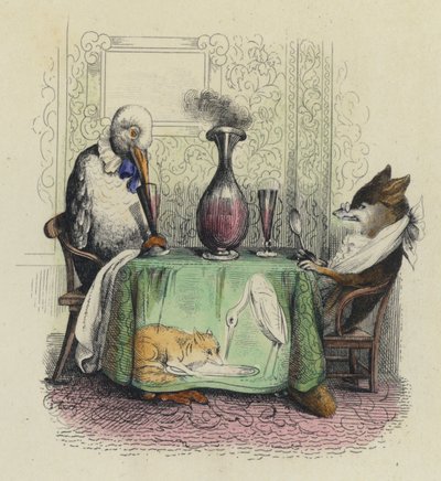 A Raposa E A Cegonha (gravura colorida) de French School