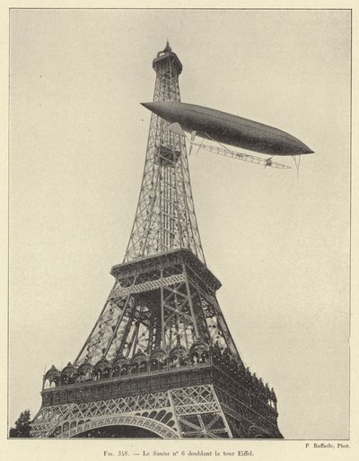 Santos No. 6 passando pela Torre Eiffel (gravura) de French School