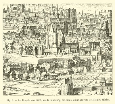 O templo por volta de 1620, visto do Faubourg, fac-símile de uma gravura por Mathieu Merian de French School