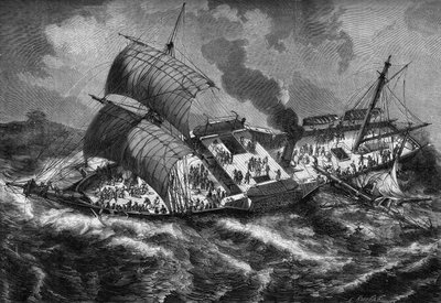 O "Vauban", um navio de guerra francês, perdeu o seu mastro durante uma tempestade. de French School