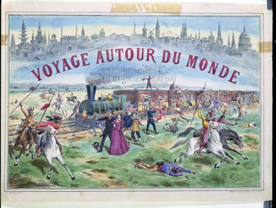Le Voyage Autour du Monde, capa de uma caixa para um jogo baseado em Volta ao Mundo em 80 Dias por Jules Verne (1828-1905) de French School