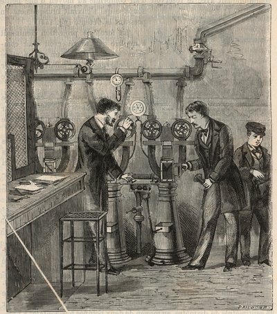 Le bureau de la poste pneumatique à Paris - Correio ou correio pneumático em Paris - Gravura em "Sciences mises à la range de tous - physics et chimie populaires" de Alexis Clerc - Final do século XIX - Colecção privada de French School
