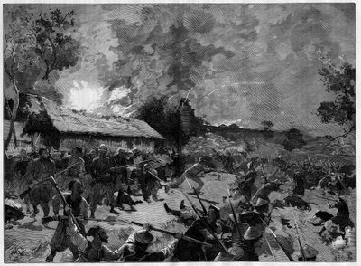Os guet-apens (guet apens) de Hue, 4-5 de julho de 1885 : ataque de um exército tonkinoise (Viet-Nam) contra as tropas francesas do general de Courcy. Gravação em "Le Monde Illustre". de French School