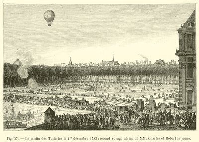O Jardim das Tulherias em 1 de dezembro de 1783, a segunda viagem aérea de MM Charles e Robert the Younger de French School