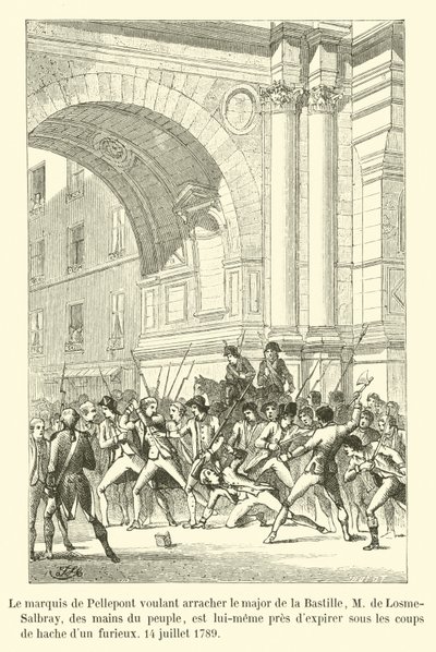 O Marquês de Pellepont, desejoso de arrancar o major da Bastilha, M. de Losme-Salbray, das mãos do povo, está prestes a expirar sob os golpes do machado dos furiosos, 14 de julho de 1789. de French School